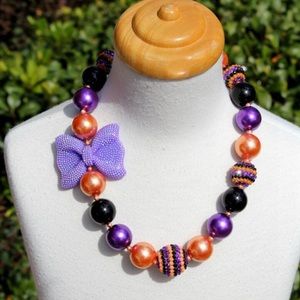 Chunky Bubblegum Bead Necklace Purple Orange Black with Sparkly accent Bow